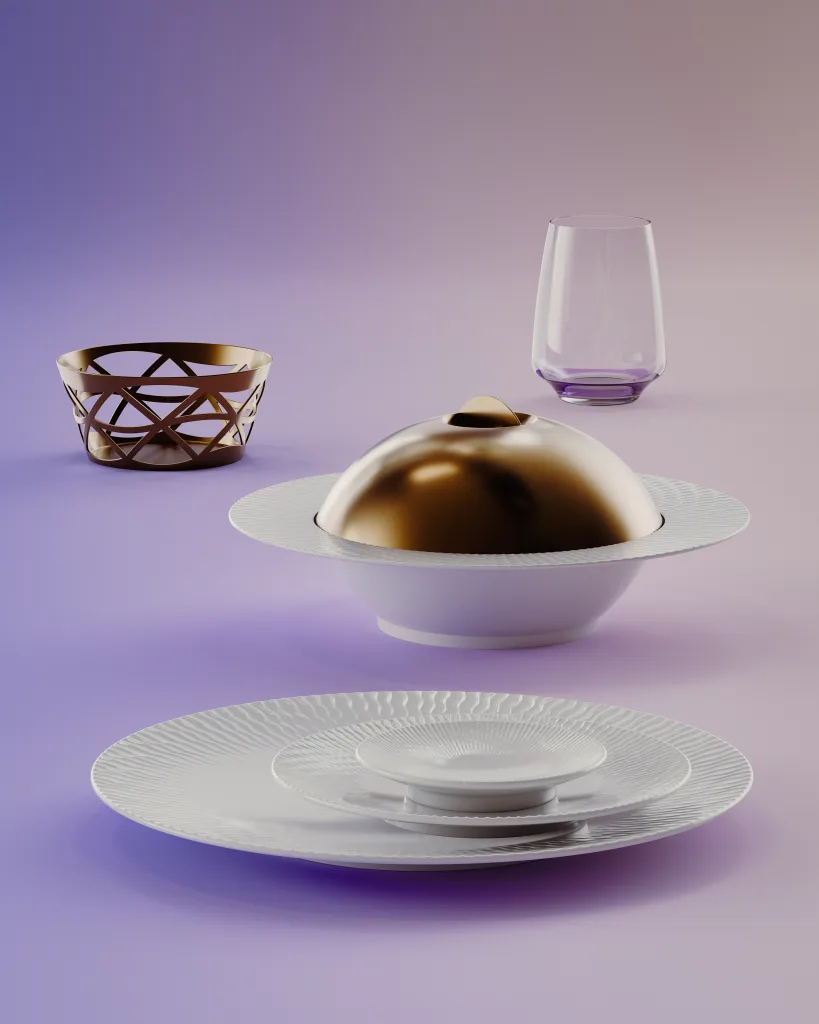 A set table with layered white plates, a small covered dish with a metallic gold lid, a glass, and a bowl with a gold geometric pattern evokes the elegant dining style of Air France Anne Sophie Pic on a gradient purple background.