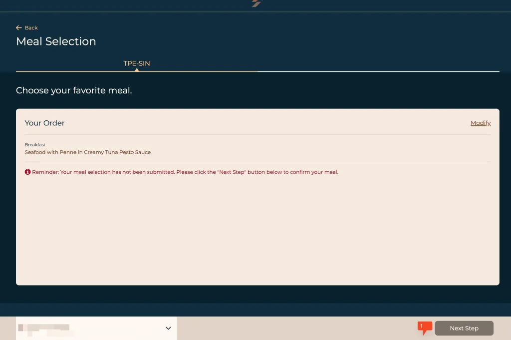 Starlux Airlines Review 2025: Taipei to Singapore 6 The meal selection page displays an order for seafood with penne in creamy tuna pesto sauce, along with a reminder to confirm the meal before proceedingโa highlight often mentioned in positive Jetstar food reviews.