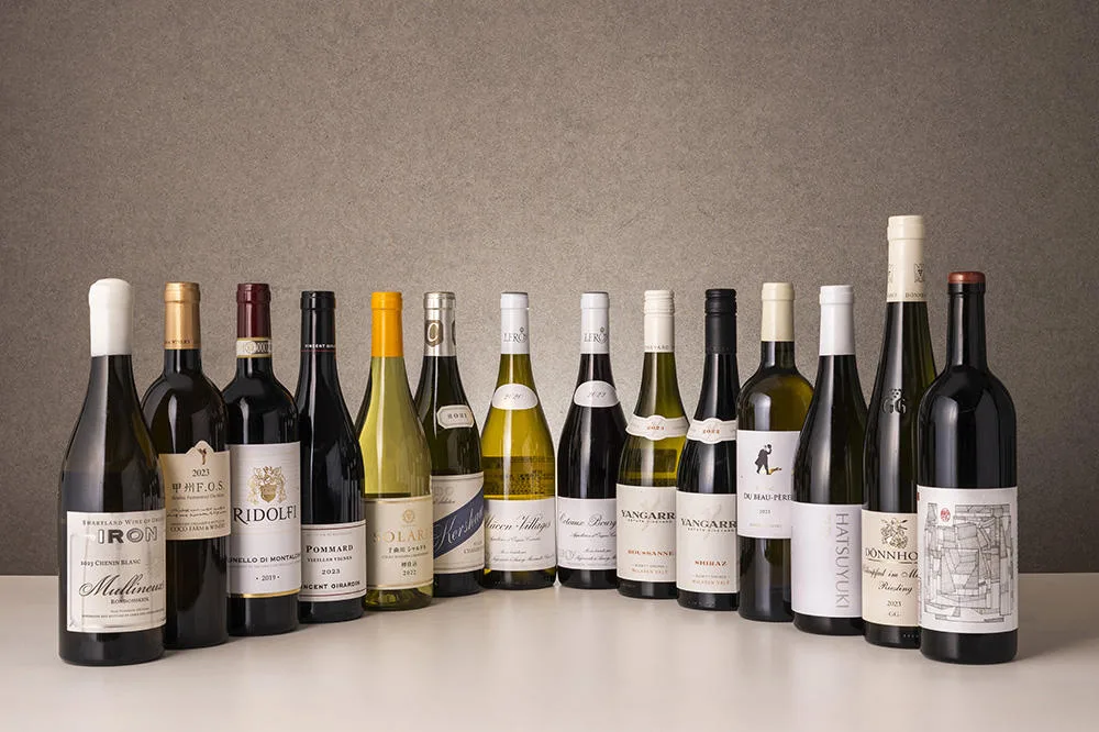 A row of assorted wine bottles, both red and white varieties, arranged side by side on a white surface against a plain, neutral background—reflecting the refined selection found in Aeroméxico Premier One lounges.